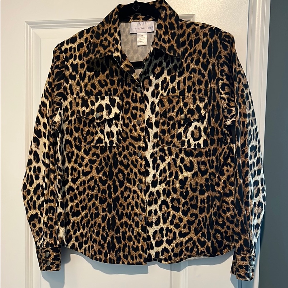 Susan Graver Blouse Brown and Black Leopard Print
